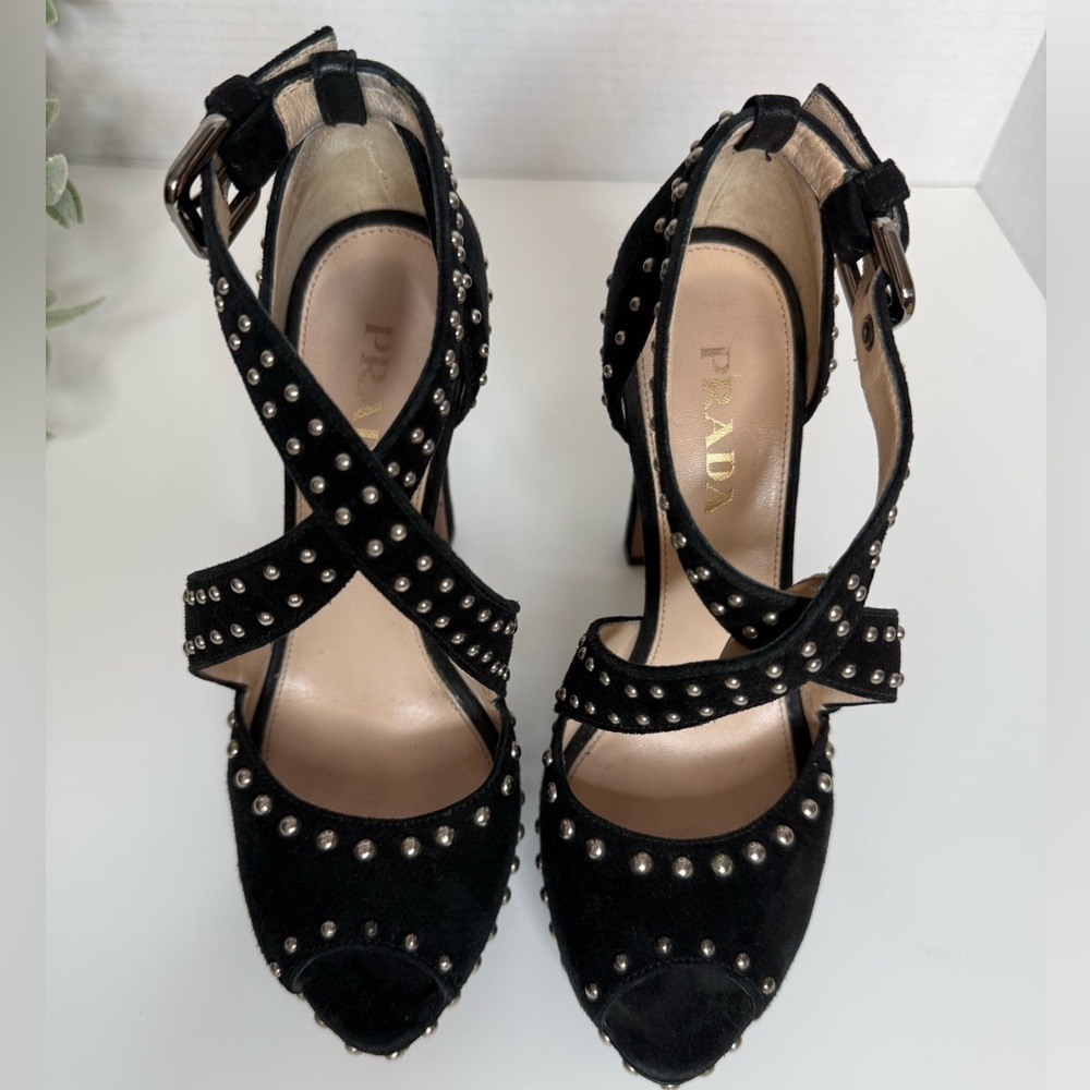 Prada Black Suede Studded Cross Strap Platform Pumps Size 35 Luxury Italian Glam - Picture 13 of 17